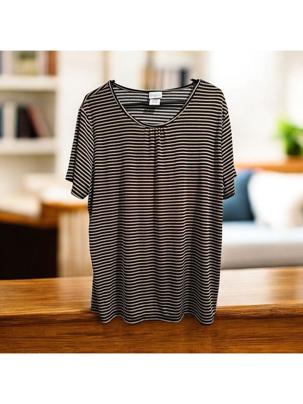 Jaclyn Smith Soft Blouse Top Womens XXL Gold Black Stripes Short Sleeves Pleats